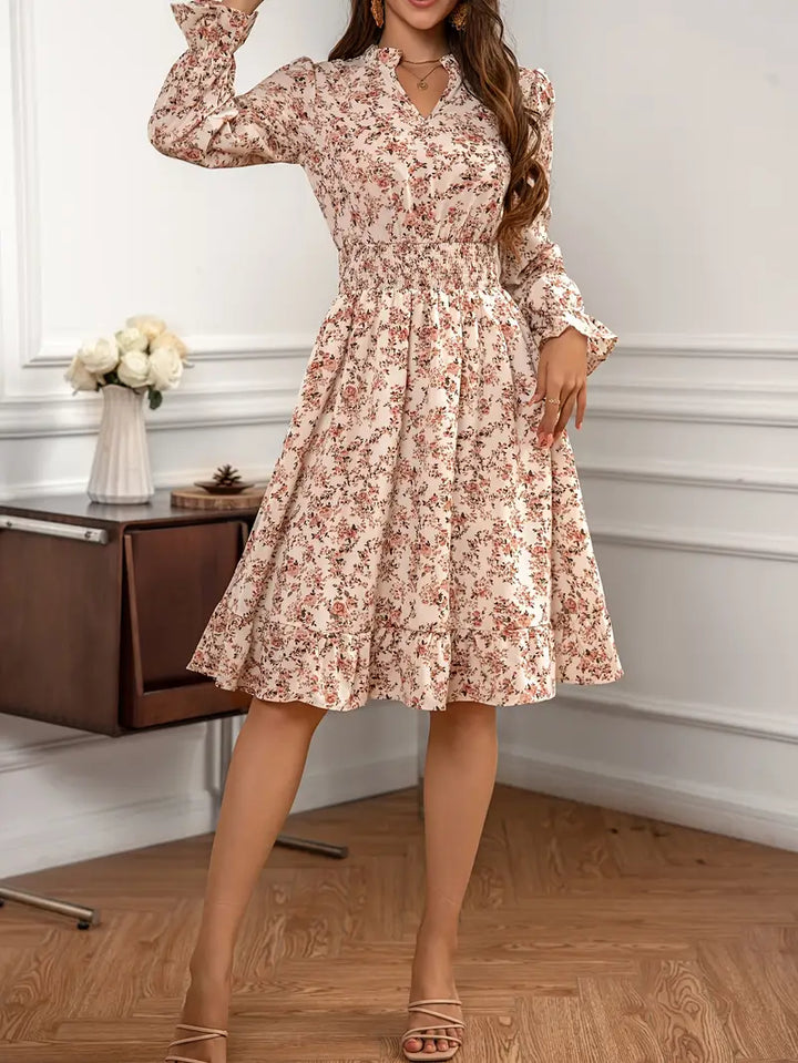 Monica Secrets | Elegant Floral Dress With Shirred Waist