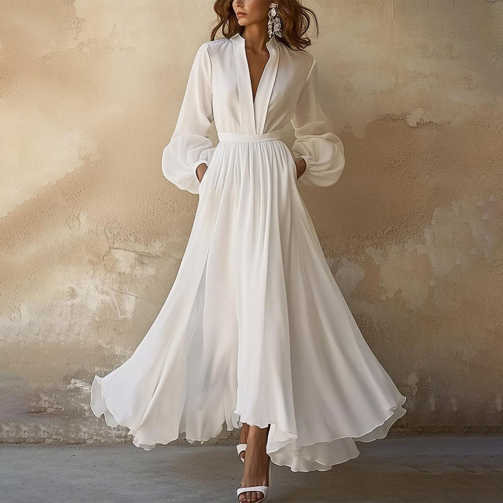 Monica Secrets | Vintage-Inspired White V-Neck Maxi Dress