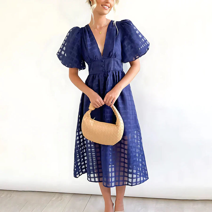 Monica Secrets | Classic Patterned Puff Sleeve Midi Dress