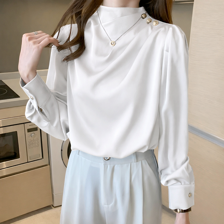 Monica Secrets | Satin Blouse With High Neckline And Buttoned Shoulder