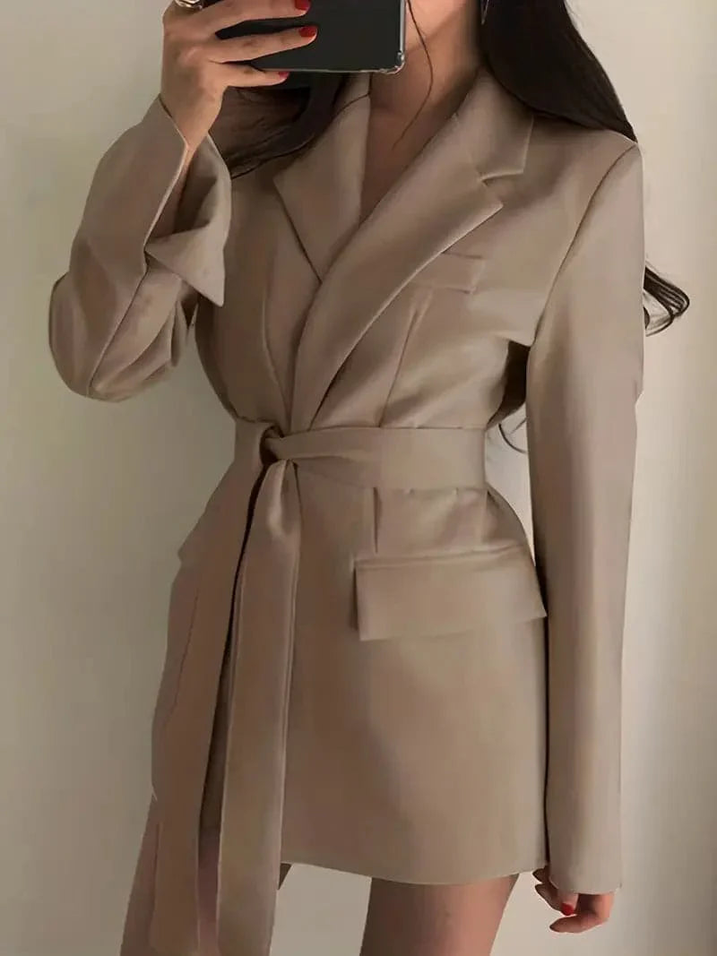 Monica Secrets | Women's Blazer Dress - Tailored Fit - Belted Waist - Single Button - Flap Pockets