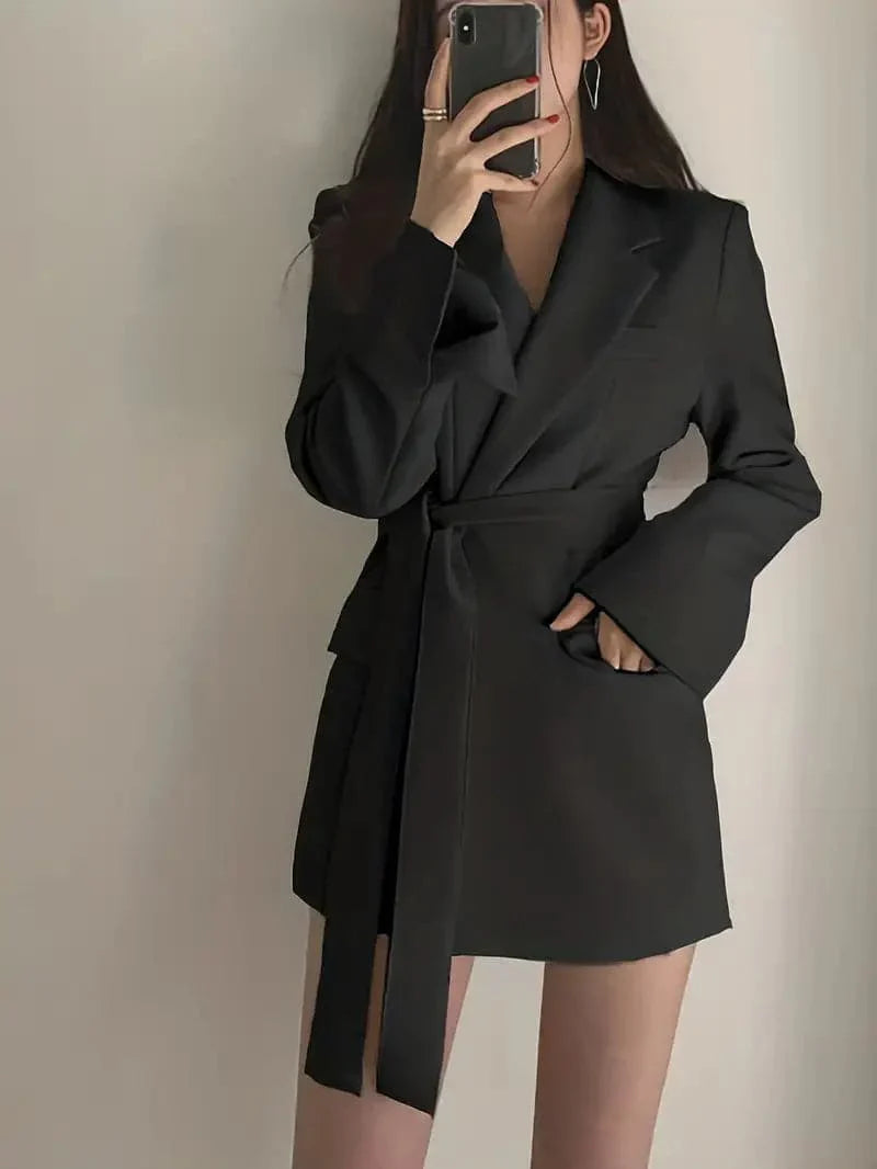 Monica Secrets | Women's Blazer Dress - Tailored Fit - Belted Waist - Single Button - Flap Pockets