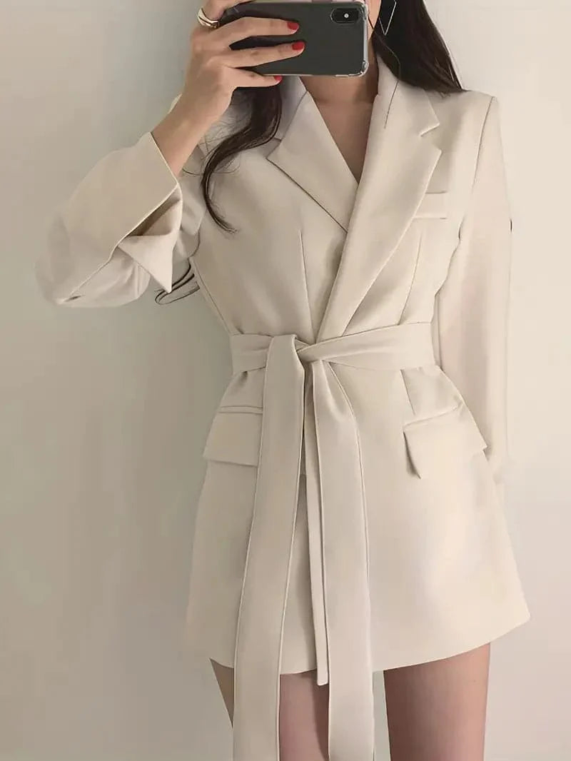 Monica Secrets | Women's Blazer Dress - Tailored Fit - Belted Waist - Single Button - Flap Pockets