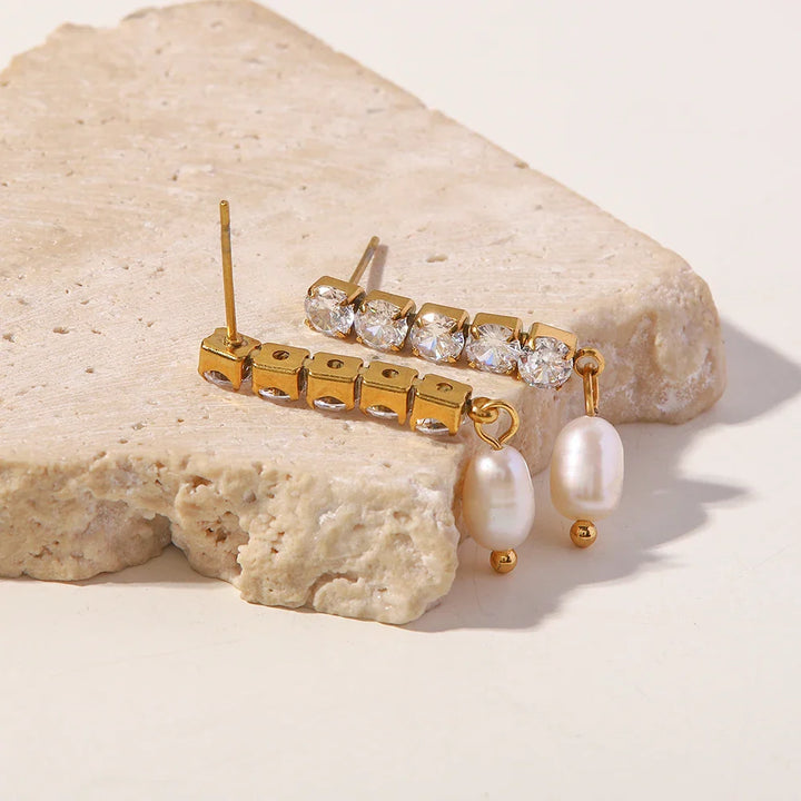 18k Dainty Diamond Tassel Pearl Dangle Earrings