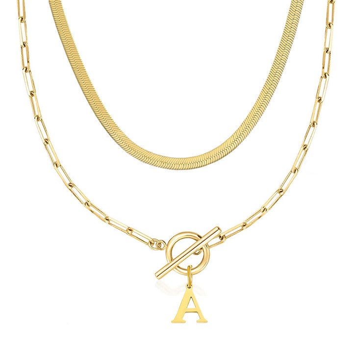 2pc Paperclip Initial Toggle Clasp & Herringbone Necklace Set