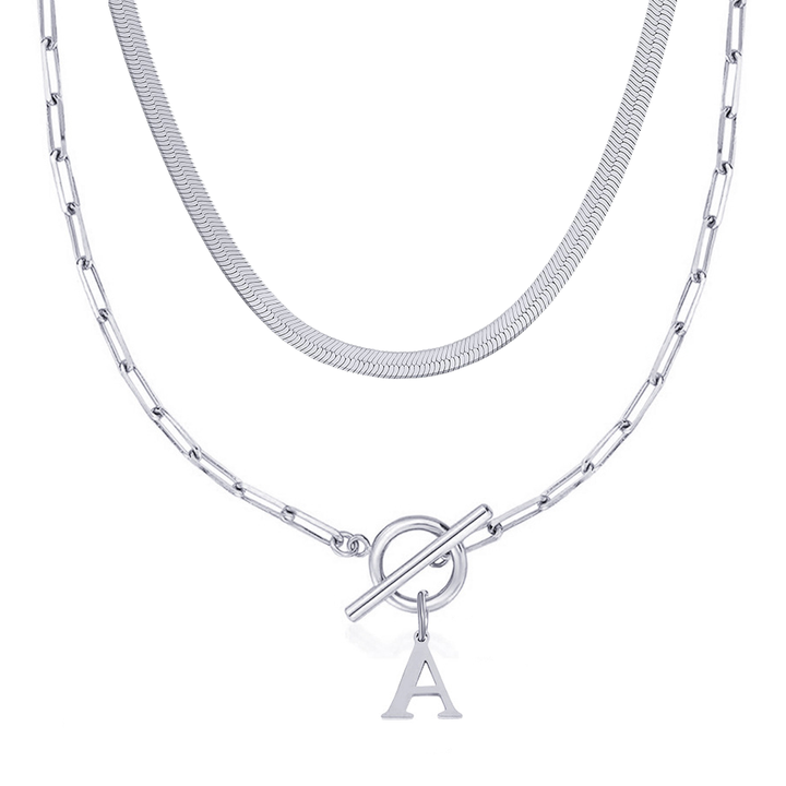 2pc Paperclip Initial Toggle Clasp & Herringbone Necklace Set