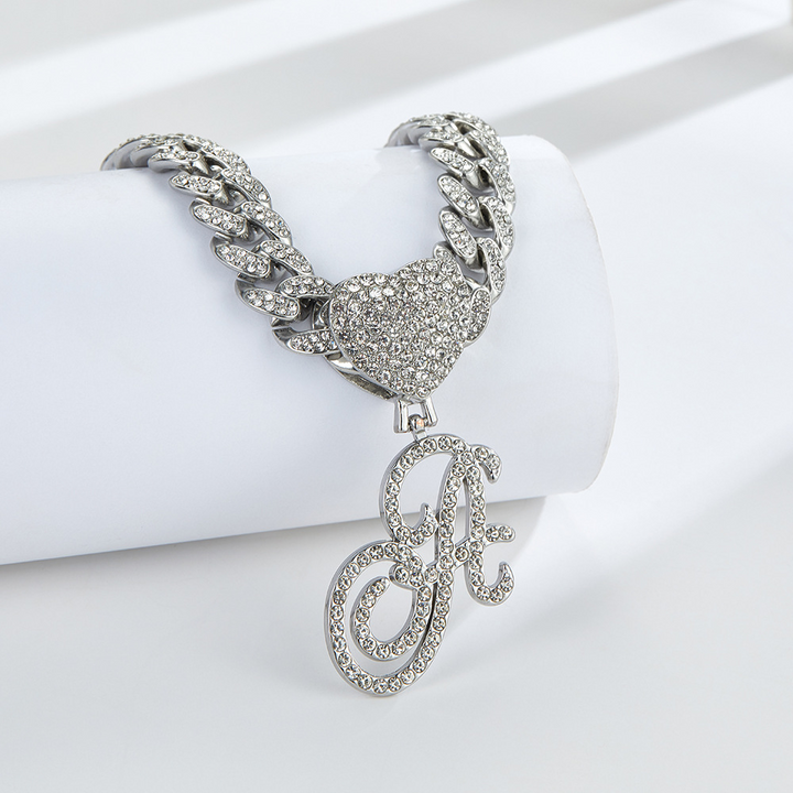 Cursive Diamond Accented Initial Cuban Heart Necklace