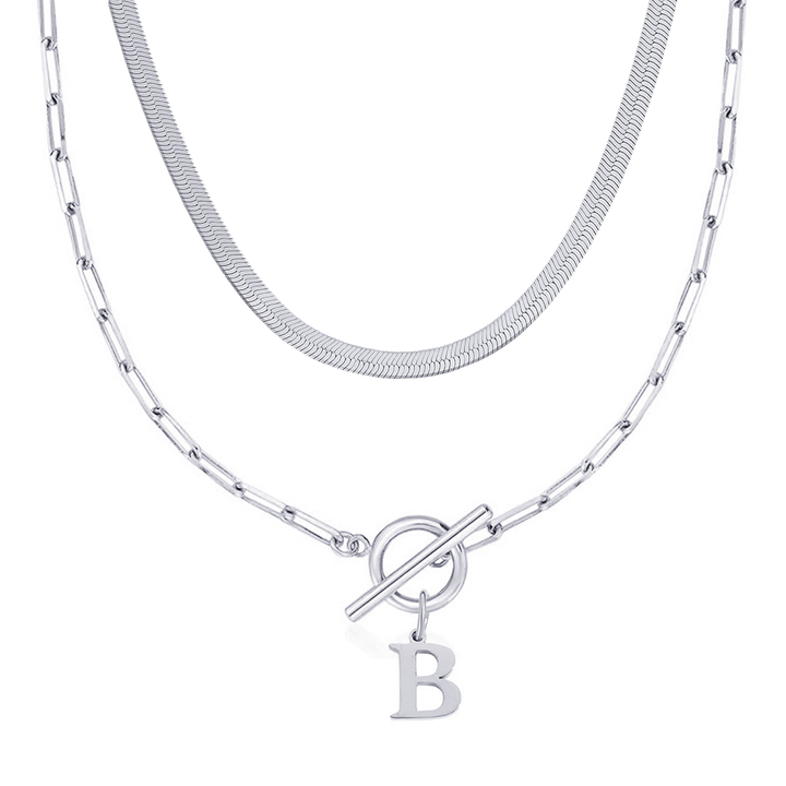 2pc Paperclip Initial Toggle Clasp & Herringbone Necklace Set