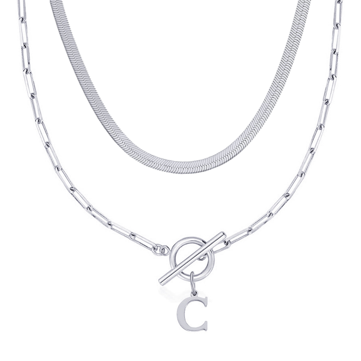 2pc Paperclip Initial Toggle Clasp & Herringbone Necklace Set
