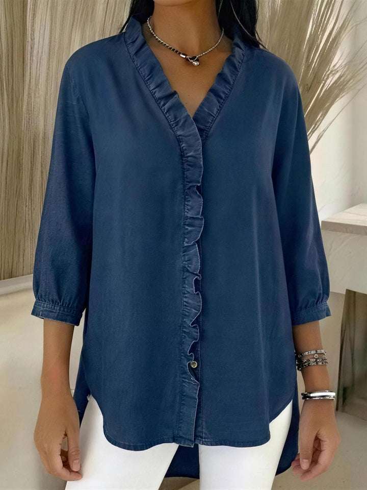 Monica Secrets | Casual Denim V-Neck Ruffle Top
