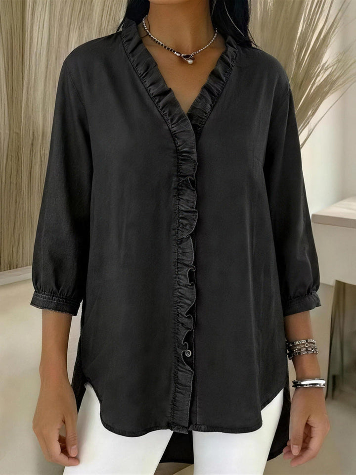 Monica Secrets | Casual Denim V-Neck Ruffle Top