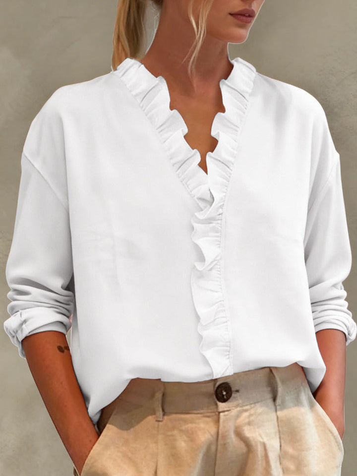 Monica Secrets | Casual Long-Sleeve Ruffled V-Neck Blouse