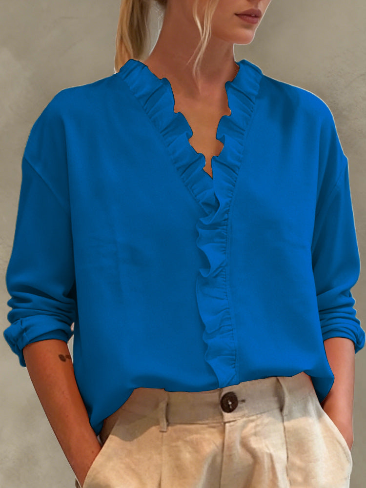 Monica Secrets | Casual Long-Sleeve Ruffled V-Neck Blouse