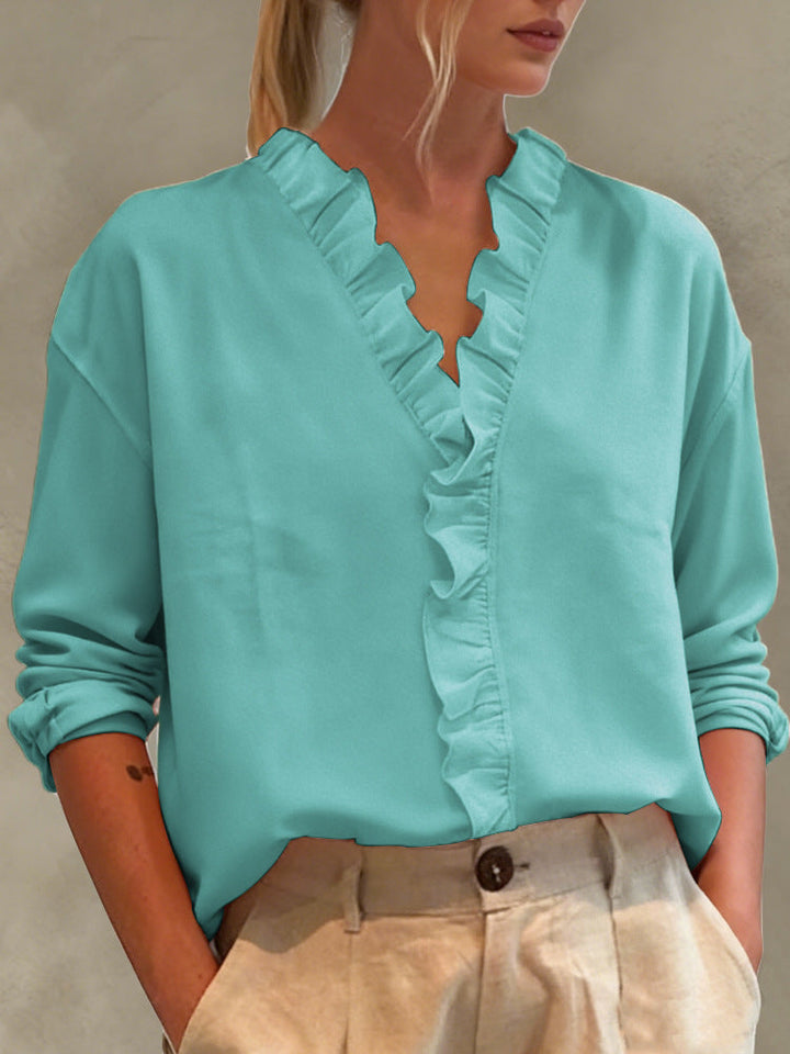 Monica Secrets | Casual Long-Sleeve Ruffled V-Neck Blouse