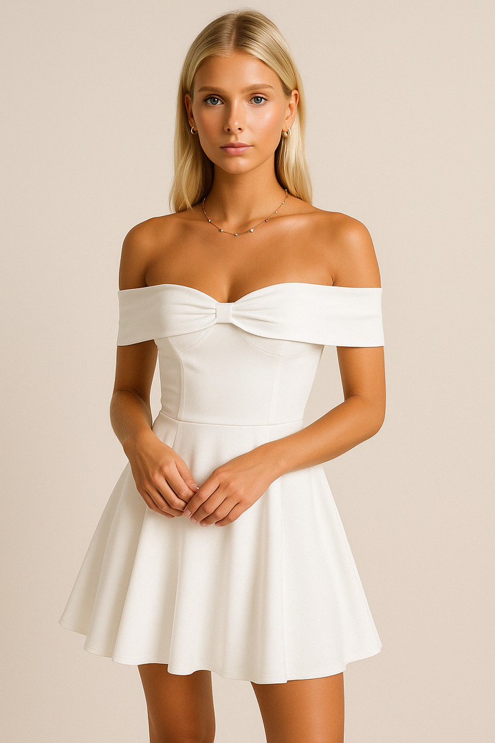 Monica Secrets | Off-Shoulder Mini Dress – A-Line Fit – Soft Lightweight Fabric – Bow Detail