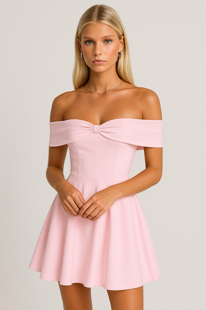 Monica Secrets | Off-Shoulder Mini Dress – A-Line Fit – Soft Lightweight Fabric – Bow Detail