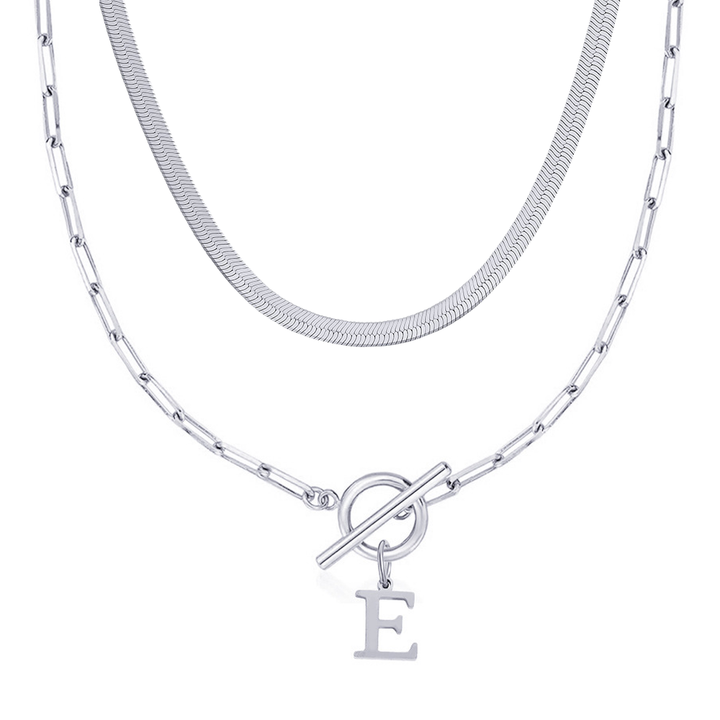 2pc Paperclip Initial Toggle Clasp & Herringbone Necklace Set