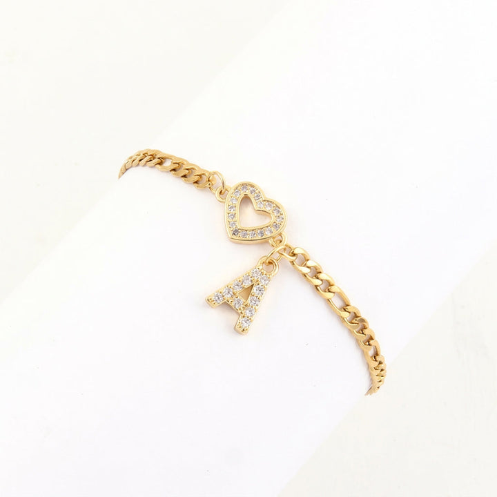 Heart & Letter Initial Figaro Chain Bracelet
