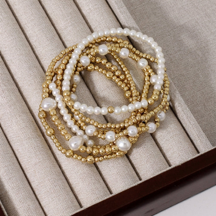 7pc Pearl & Gold Adjustable Bracelet Stack