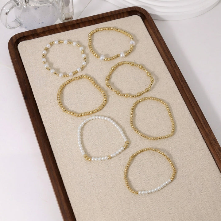 7pc Pearl & Gold Adjustable Bracelet Stack