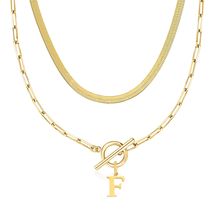 2pc Paperclip Initial Toggle Clasp & Herringbone Necklace Set