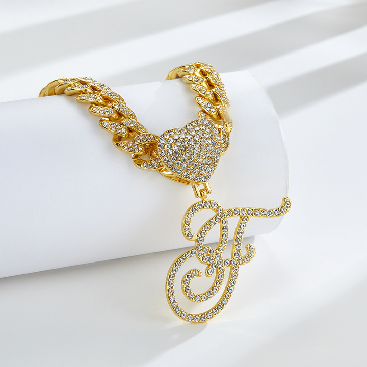 Cursive Diamond Accented Initial Cuban Heart Necklace