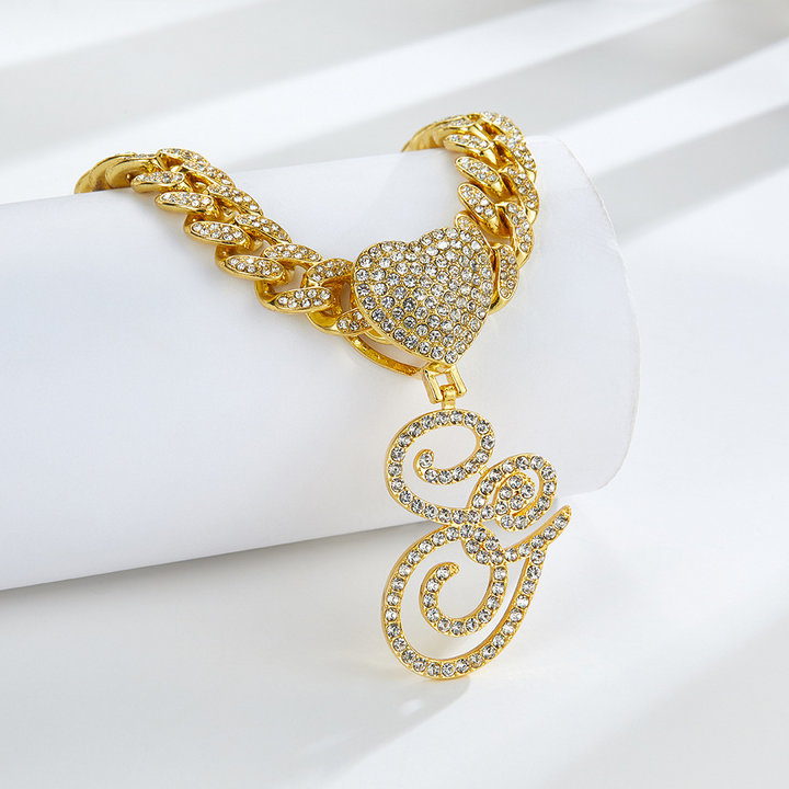 Cursive Diamond Accented Initial Cuban Heart Necklace