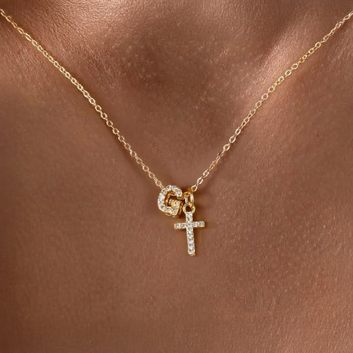 Dainty Diamond Initial & Cross Necklace