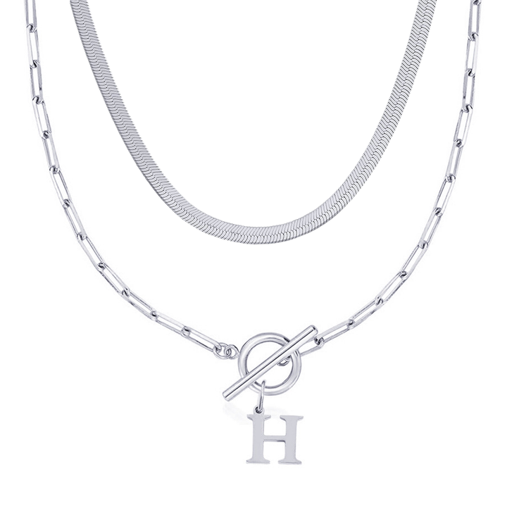 2pc Paperclip Initial Toggle Clasp & Herringbone Necklace Set