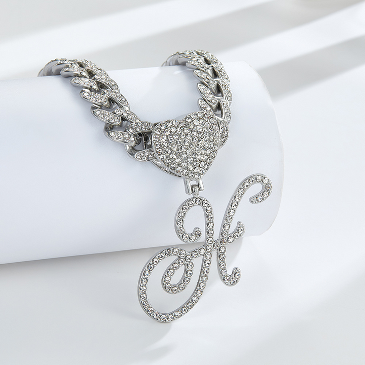 Cursive Diamond Accented Initial Cuban Heart Necklace