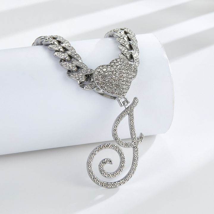 Cursive Diamond Accented Initial Cuban Heart Necklace