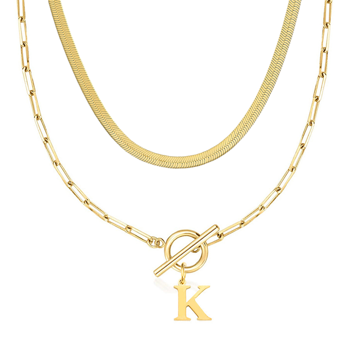 2pc Paperclip Initial Toggle Clasp & Herringbone Necklace Set