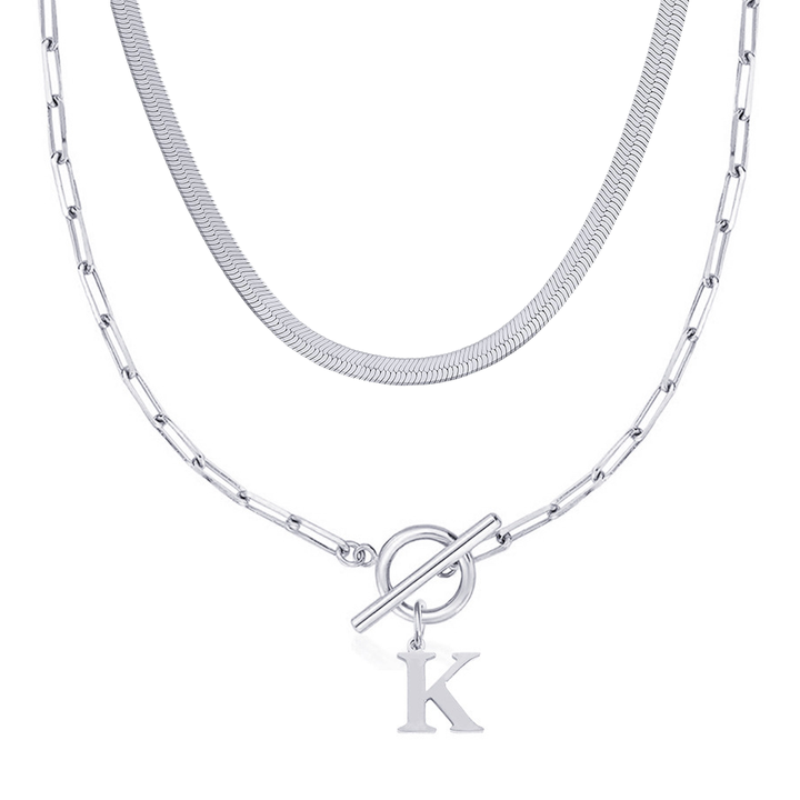 2pc Paperclip Initial Toggle Clasp & Herringbone Necklace Set