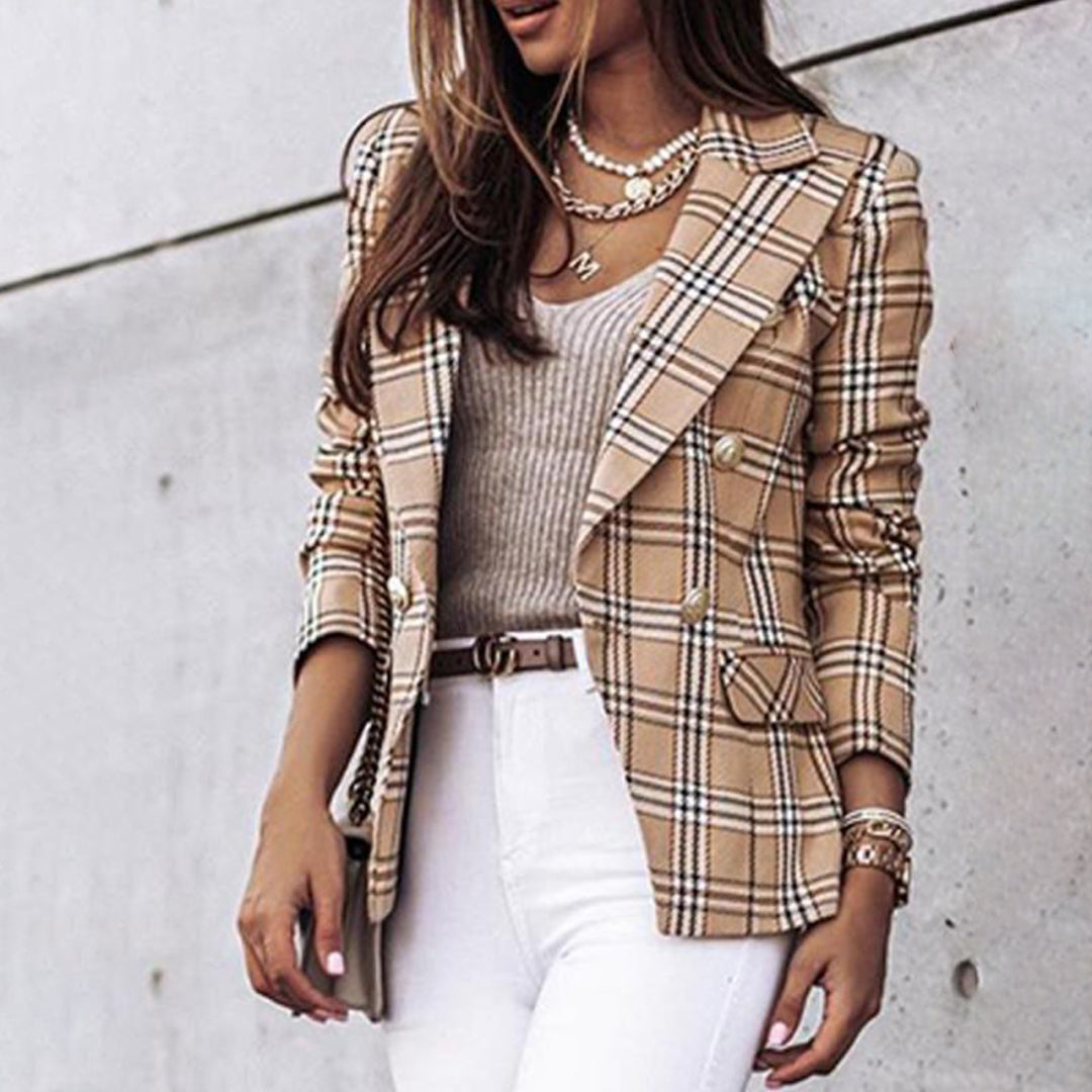 Monica Secrets | Women's Blazer - Checkered Pattern - Tailored Fit - Double-Breasted