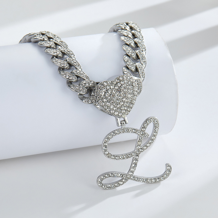 Cursive Diamond Accented Initial Cuban Heart Necklace