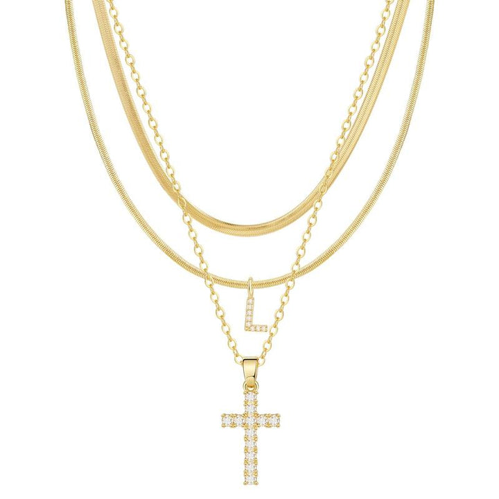 3pc 14k Diamond Accented Initial & Cross Necklace Set