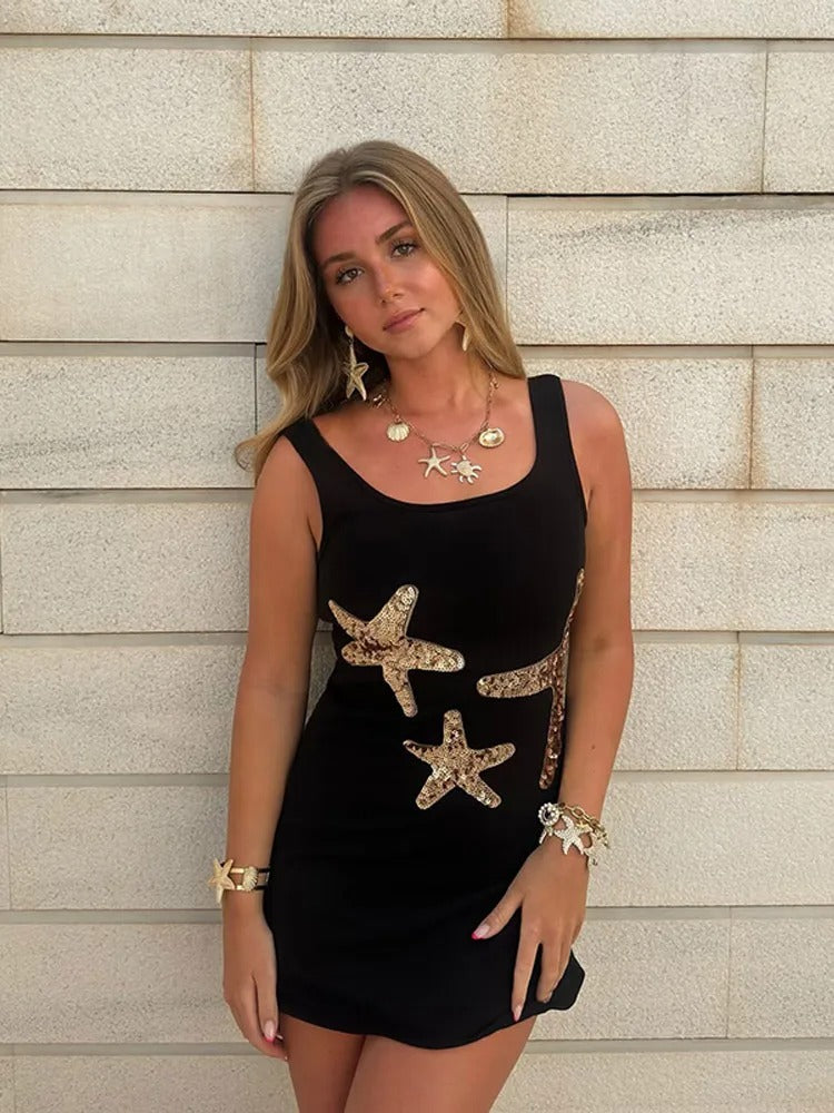 Monica Secrets | Women's Mini Dress – Slim Fit – Sleeveless – Embroidered – Wavy Hem