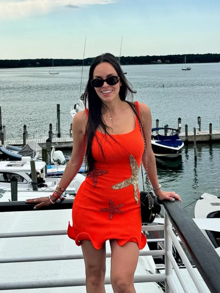 Monica Secrets | Women's Mini Dress – Slim Fit – Sleeveless – Embroidered – Wavy Hem