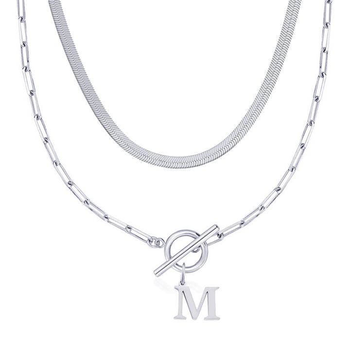 2pc Paperclip Initial Toggle Clasp & Herringbone Necklace Set