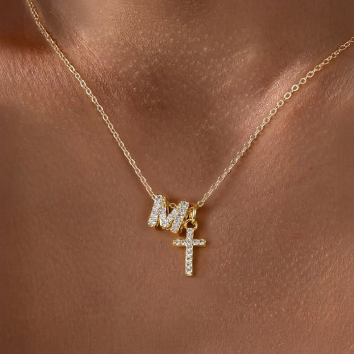 Dainty Diamond Initial & Cross Necklace