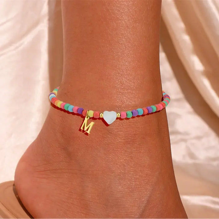 Colorful Pearl Heart Initial Anklet