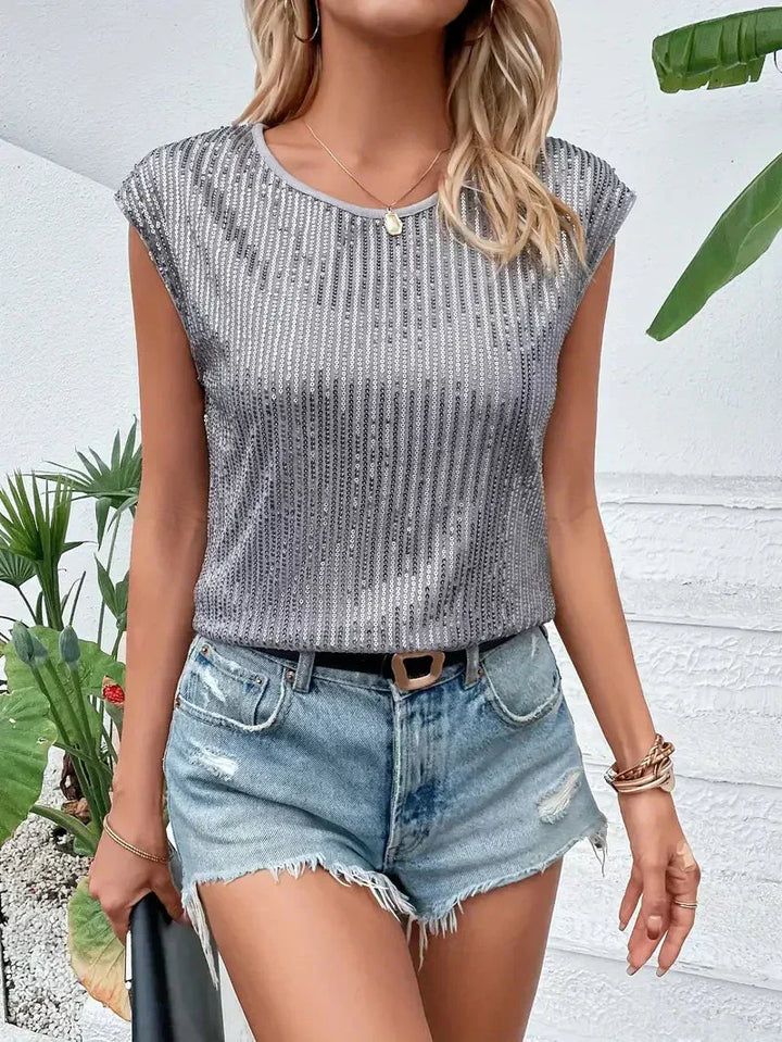 Monica Secrets | Blouse – Relaxed Fit – Sequins – Luxury Fabric – Cap Sleeve – Round Neckline