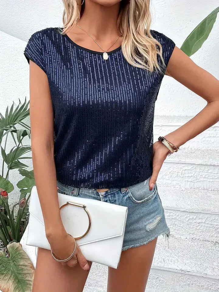 Monica Secrets | Blouse – Relaxed Fit – Sequins – Luxury Fabric – Cap Sleeve – Round Neckline