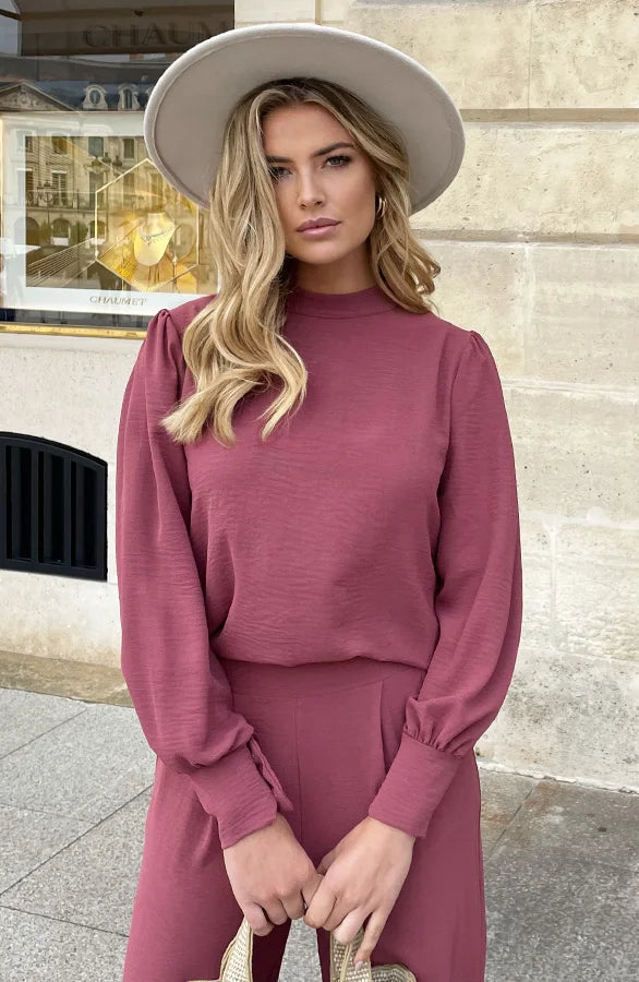 Monica Secrets | Blouse with Long Sleeves and Wide High Waist Trousers - Elegant Fit