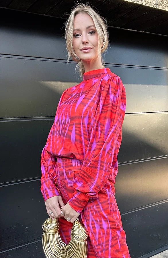 Monica Secrets | Blouse with Long Sleeves and Wide High Waist Trousers - Elegant Fit