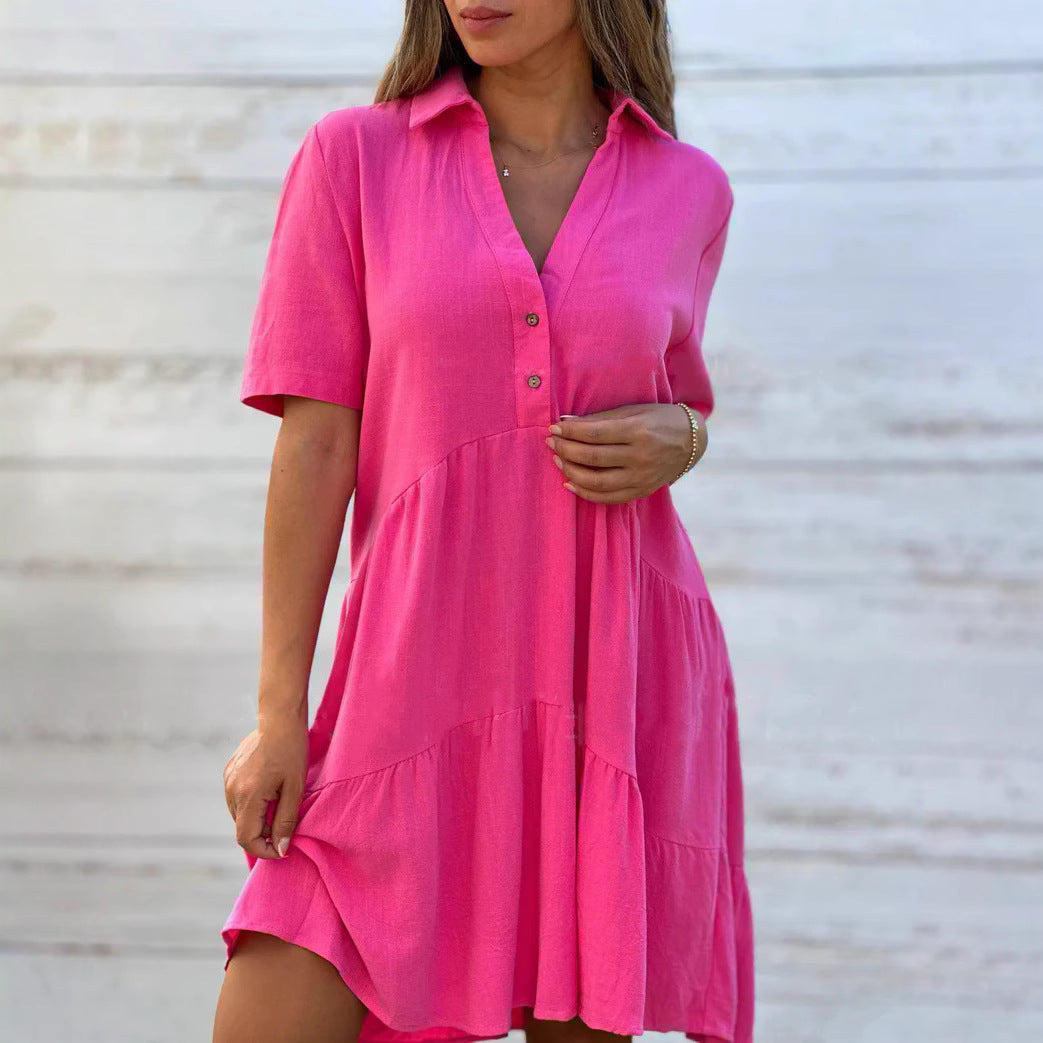 Monica Secrets | Women's Swing Dress – Natural Fibers – Relaxed Fit – Short Sleeve – Button Closure