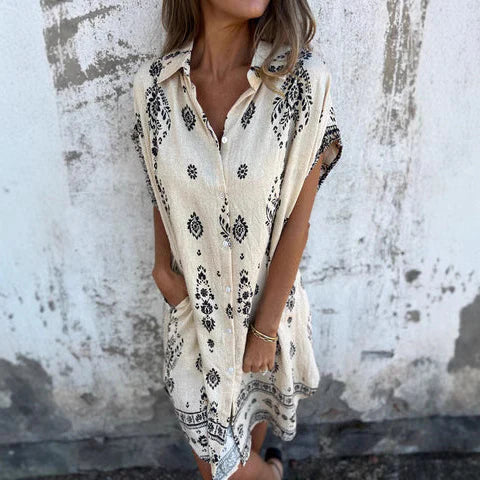 Monica Secrets | Women's Shirt Dress – Relaxed Fit – Bohemian Print – Natural Fibers – Mini Length