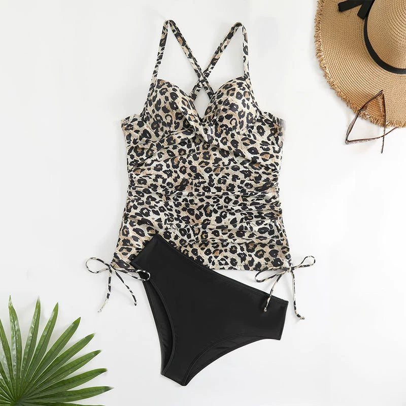 Monica Secrets | Tankini Set – Leopard Print Top with Ruched Sides – Cross-Back Tie Bikini Bottom