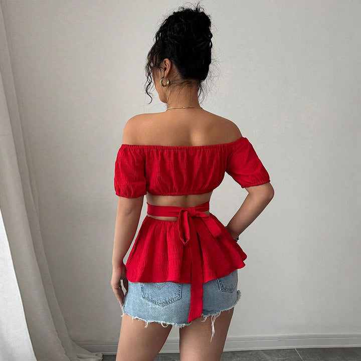 Monica Secrets | Off-Shoulder Fitted Crop Top With Crisscross Waist And Short Sleeves