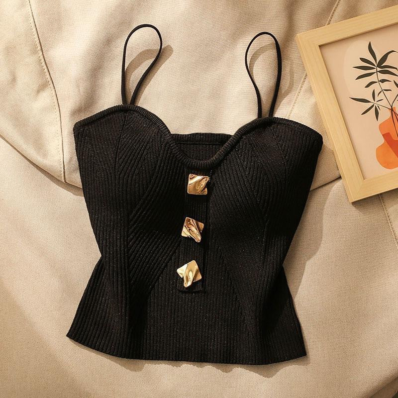 Monica Secrets | Crop Camisole – Slim Fit – Ribbed Soft Knit – Spaghetti Straps – Golden Details
